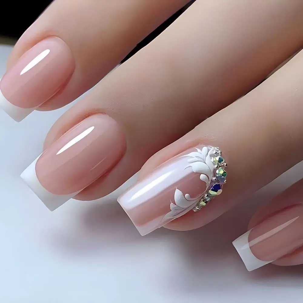 

24pcs Fake Nails Diamond White Pink Square French Nail Waterproof Faux Medium Fingernails