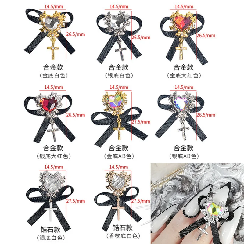 

10pcs Gold/Silver Heart Base Inlaid Ribbon Bow Nail Art Charms Love Crystal Gems Nail Decorations Cross Pendant Nail Accessories