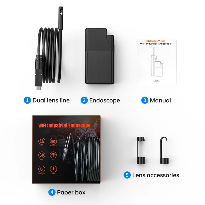 Портативный светодиодный эндоскоп с двумя объективами 5 мм HD 1080P м