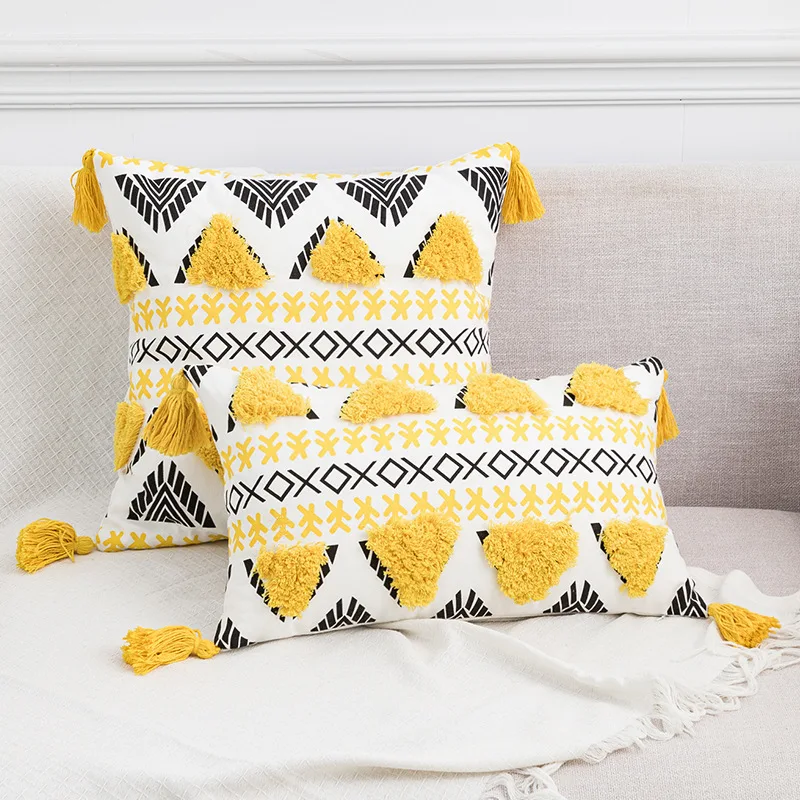 

Tufted Boho Tassels Cushion Cover Yellow Beige Embroidery Cushion 45x45/30x50cm Pillowcase Household Sofa Bed Pillow Cover