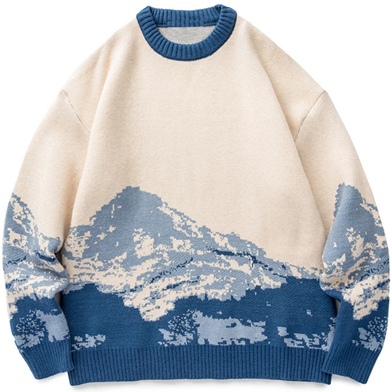 Men Hip Hop Streetwear Harajuku Sweater Vintage Japanese Style Snow Mountain Knitted Sweater Winter Casual Pullover Knitwear