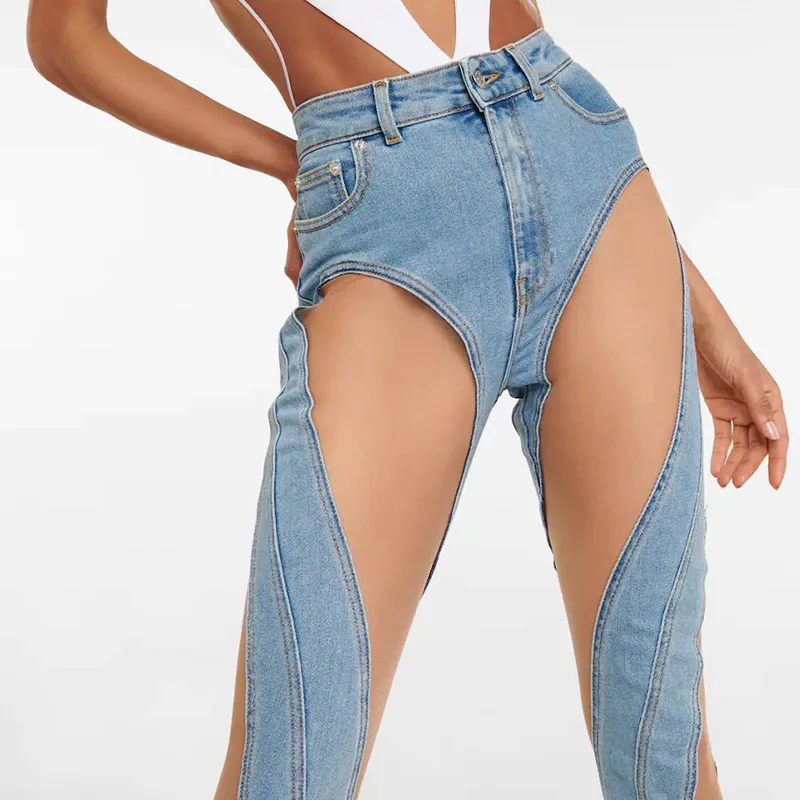 Fashion See Throw Sexy Spiral Mesh Spliced Split Jeans Women Full Length Slim Stretch Denim Pants q14