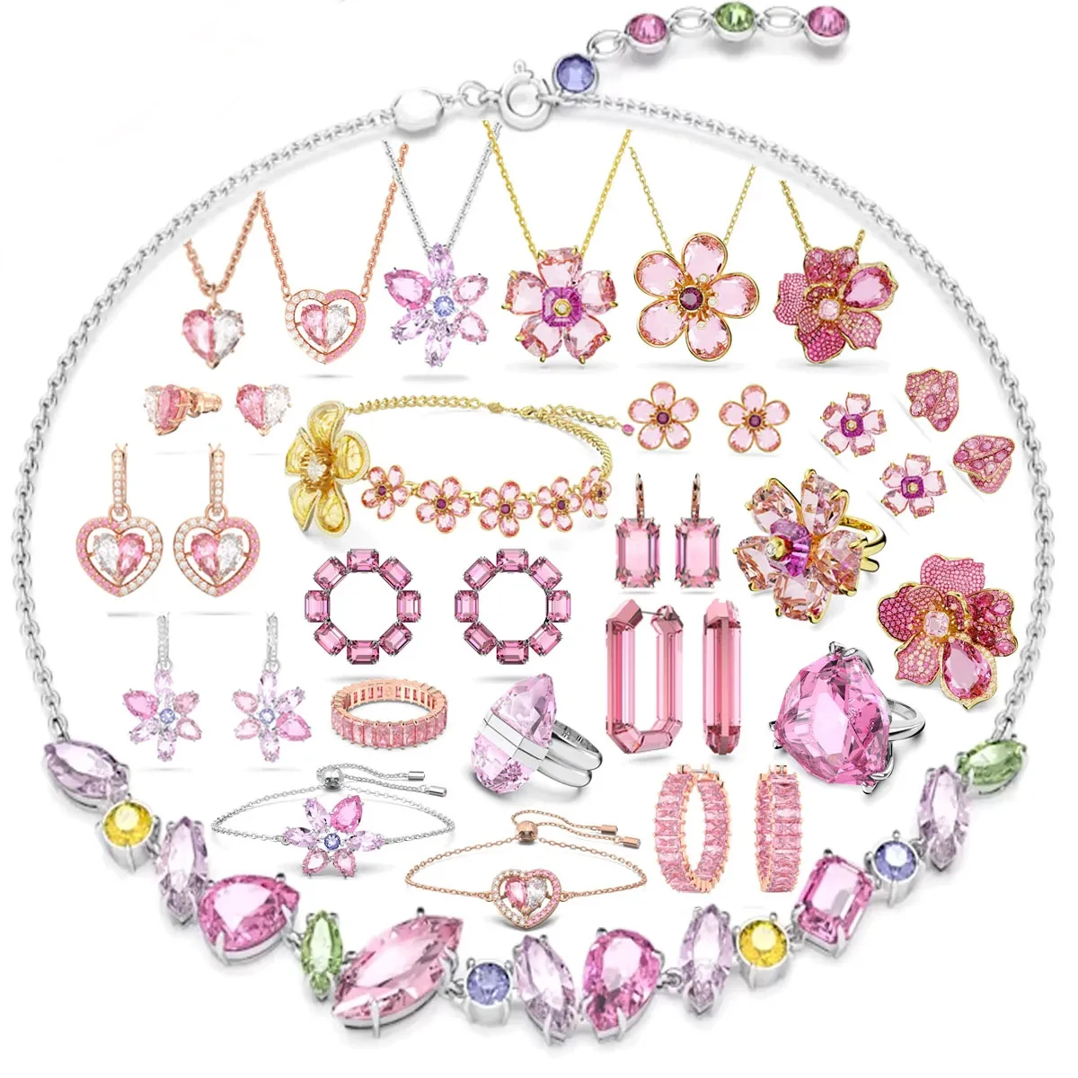

2023 Fashion Premium Pink Jewelry Set Charming Women's Necklace Earrings Bracelet Ring with Party Gift