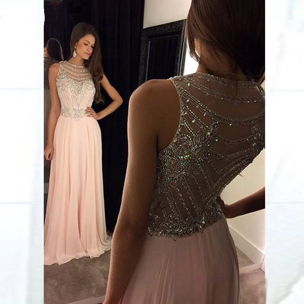 

ANGELSBRIDEP Pink Simple Evening Party Dresses Soiree Robe See-Thourgh Back Beading Crystals Formal Cinderella Prom Dress