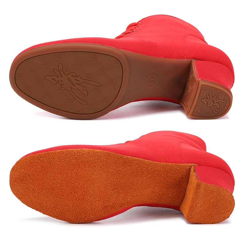 Women's Ballroom Dancing Shoes Stretch Fabric High-Top Latin Dance Shoes for Girl Black Red 3.5/5 CM Heel  Suede and Rubber Sole