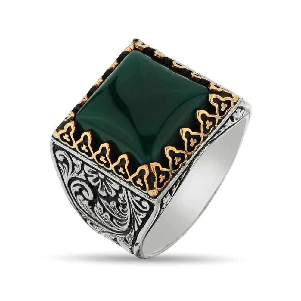 

New European American Men's Retro Ring Carved Emerald Square Signet Ring Exaggerated Personality Turkish Ring For Man