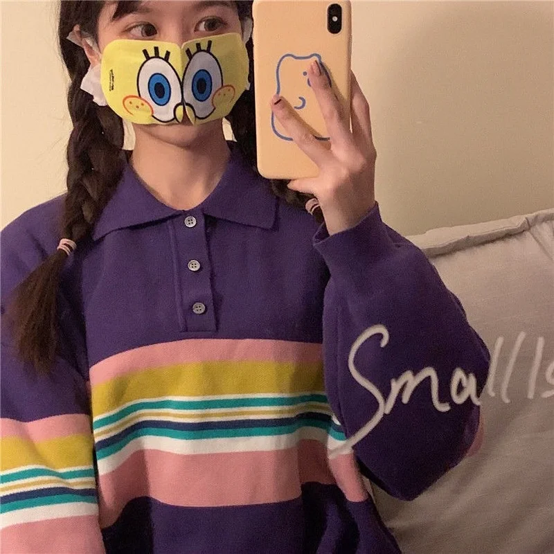 

Color Matching Sweater Female Student College Style Loose Bottomed Sweater Jacket