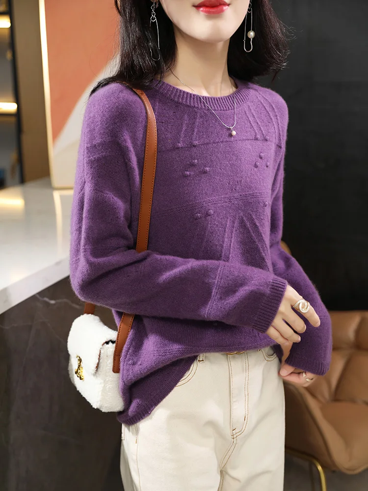 Женский шерстяной свитер Свободный вязаный пуловер с круглым вырезом из 100