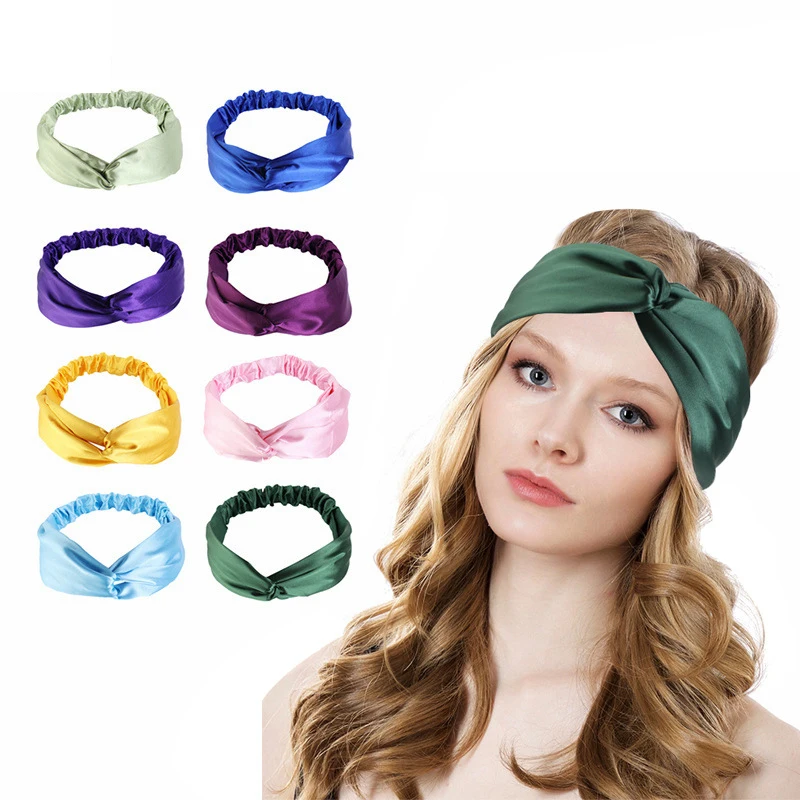 

Women Knotted Silk Turban Head Wrap Soft Hairband Bandanas Elastic Hair Band Satin Cross Headband Solid Color Hair Accessories