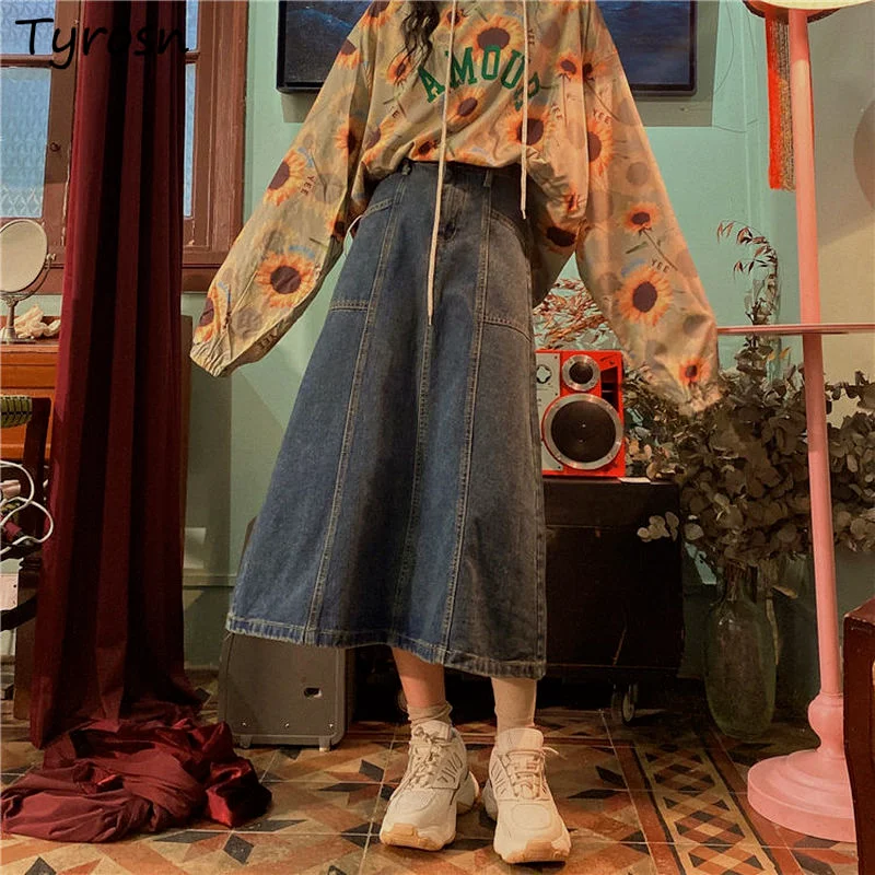 

S-5XL Denim Midi Skirts Women Teenager Preppy Style Streetwear All-match Vintage Fashion Hip Hop Mujer Chic High Waist Clothing