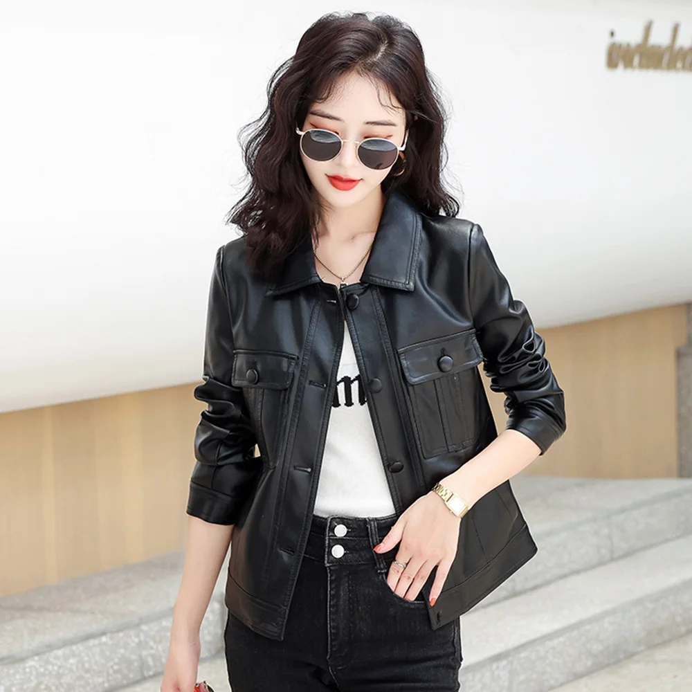 New Women Leather Jacket Spring Autumn Fashion Casual Turn-down Collar Soft Sheep Leather Coat Short Slim Outerwear Female