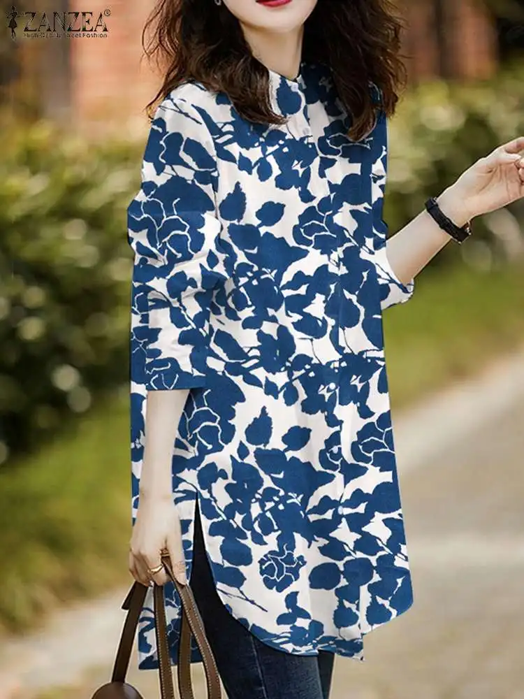 

Женская блузка с цветочным принтом ZANZEA, Осенние блузки большого размера с длинным рукавом и боковыми элементами, блузки на пуговицах, новые ...