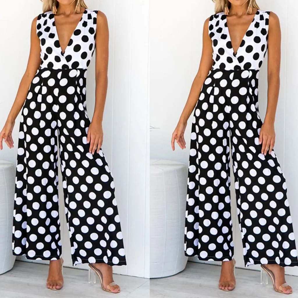 

Women's V-Neck Casual Short Sleeveless Elastic Waist Dot Dressy Suits Women Evening Loose Fit Jumpsuits Bodysuit Women Cute