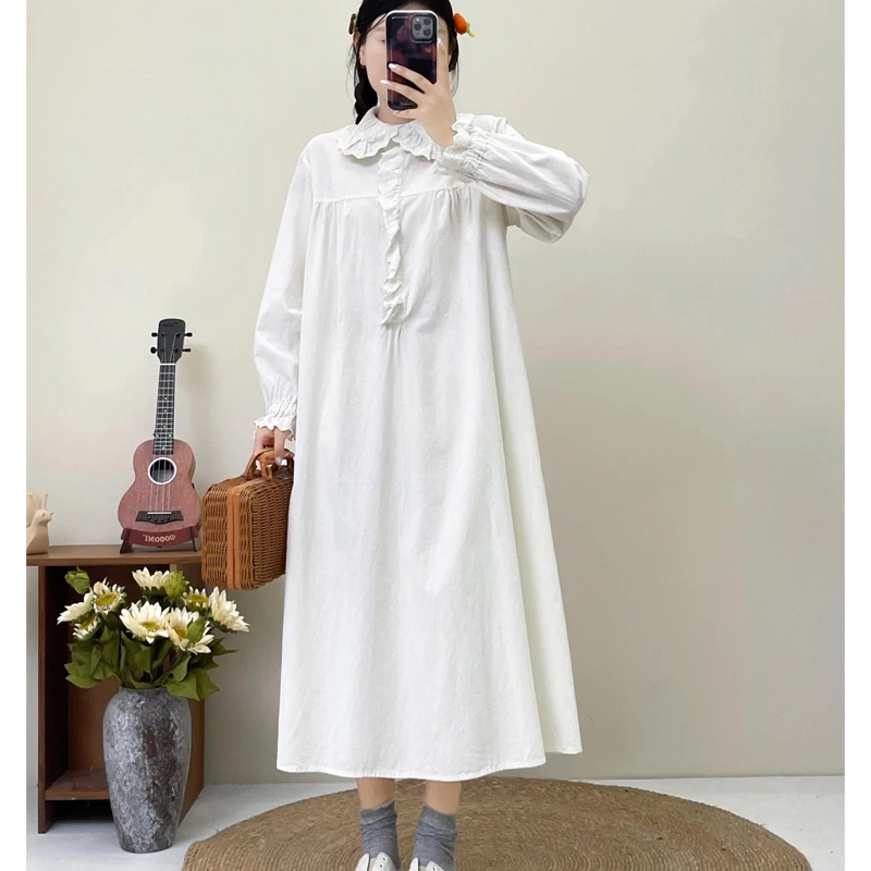 Платье хлопковое с длинным рукавом для женщин платье круглым воротником и
