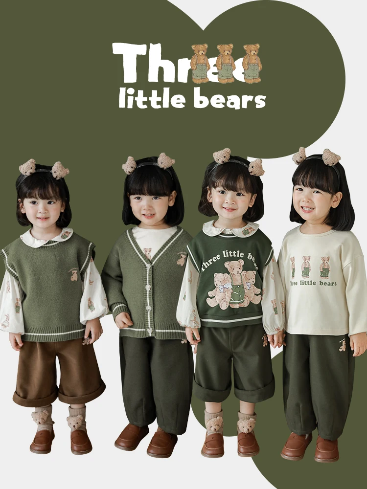 

Свитер с милым медведем, кардиган, пальто для девочек, Осенний мультяшный вышитый детский модный вязаный жилет, костюм