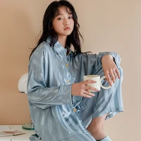 yasuk all season spring fashion ice silk pajamas for womens long sleeve sleepwear suit casual pocket homewear soft solid stripe