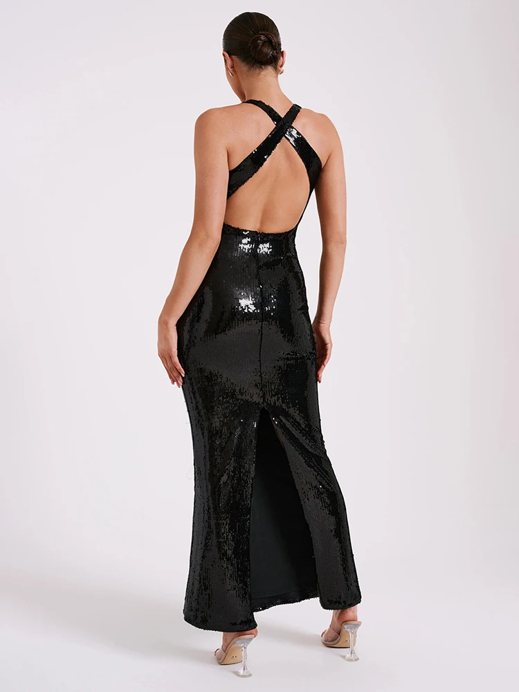 Женское платье с блестками V-образным вырезом и открытой спиной