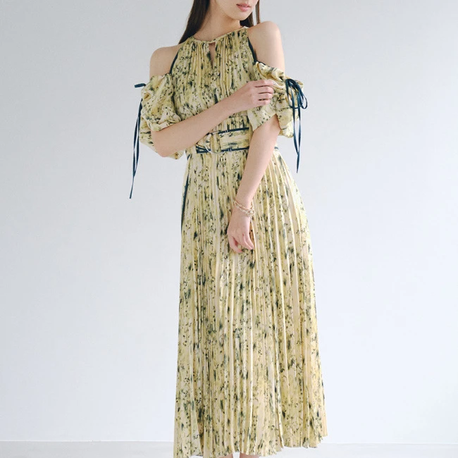 

2022 Japanese New Style Two Wear Women Vestidos 2022 Spring Robes Off Shoulder Drawstring Slim Waist Print Pleated Dress