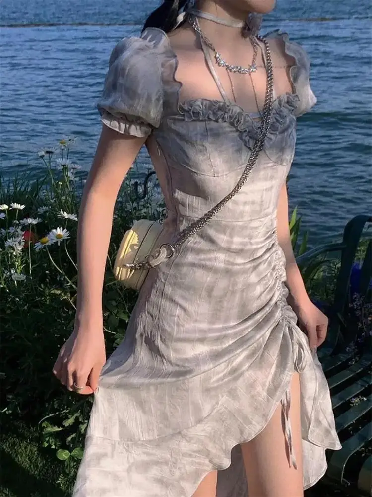 

Женское плиссированное платье, винтажное платье средней длины с рюшами и шнурком с чернилами, лето 2023