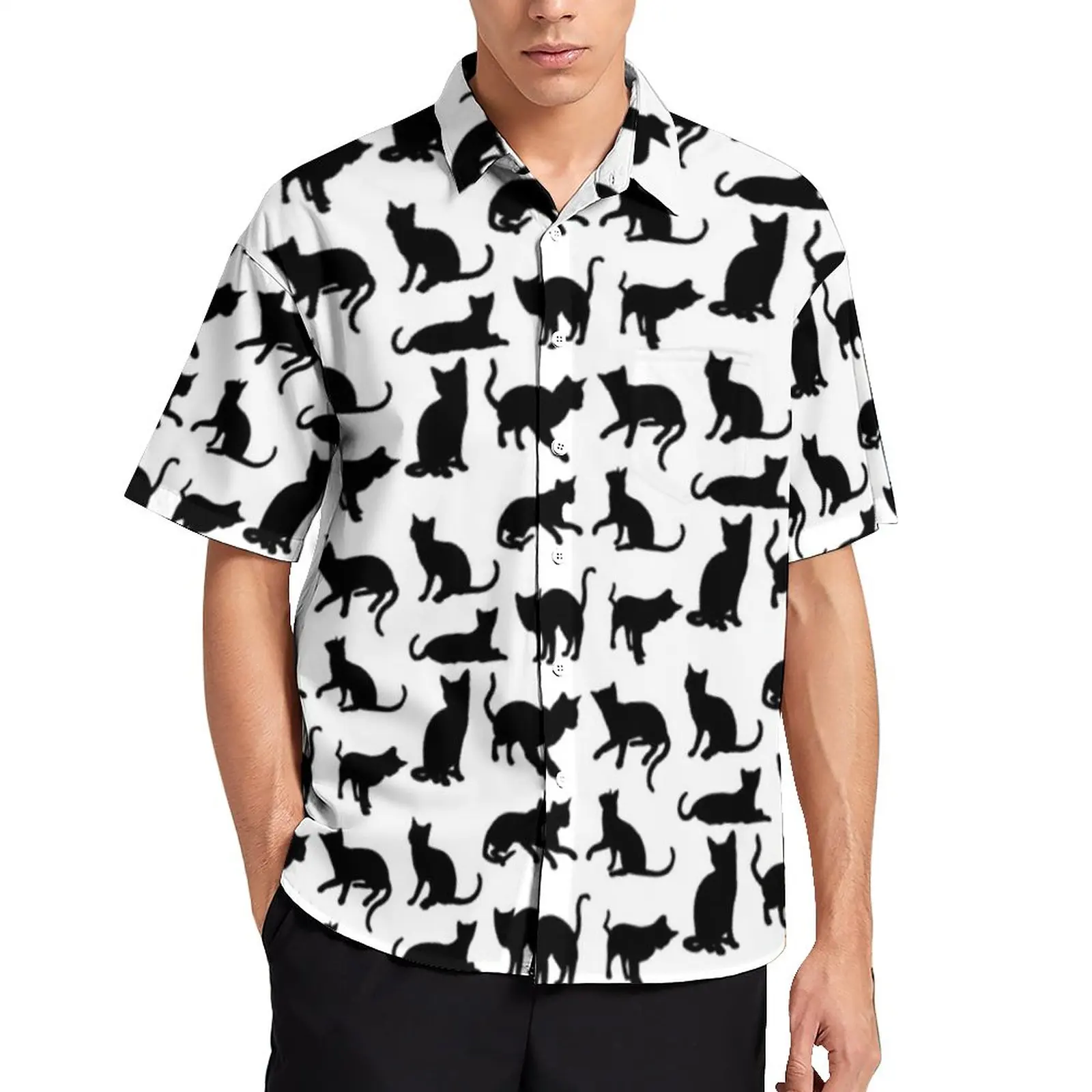 

Cool Black Cat Casual Shirt Spooky Animals Beach Loose Shirt Hawaii Vintage Blouses Short-Sleeved Graphic Oversized Clothing