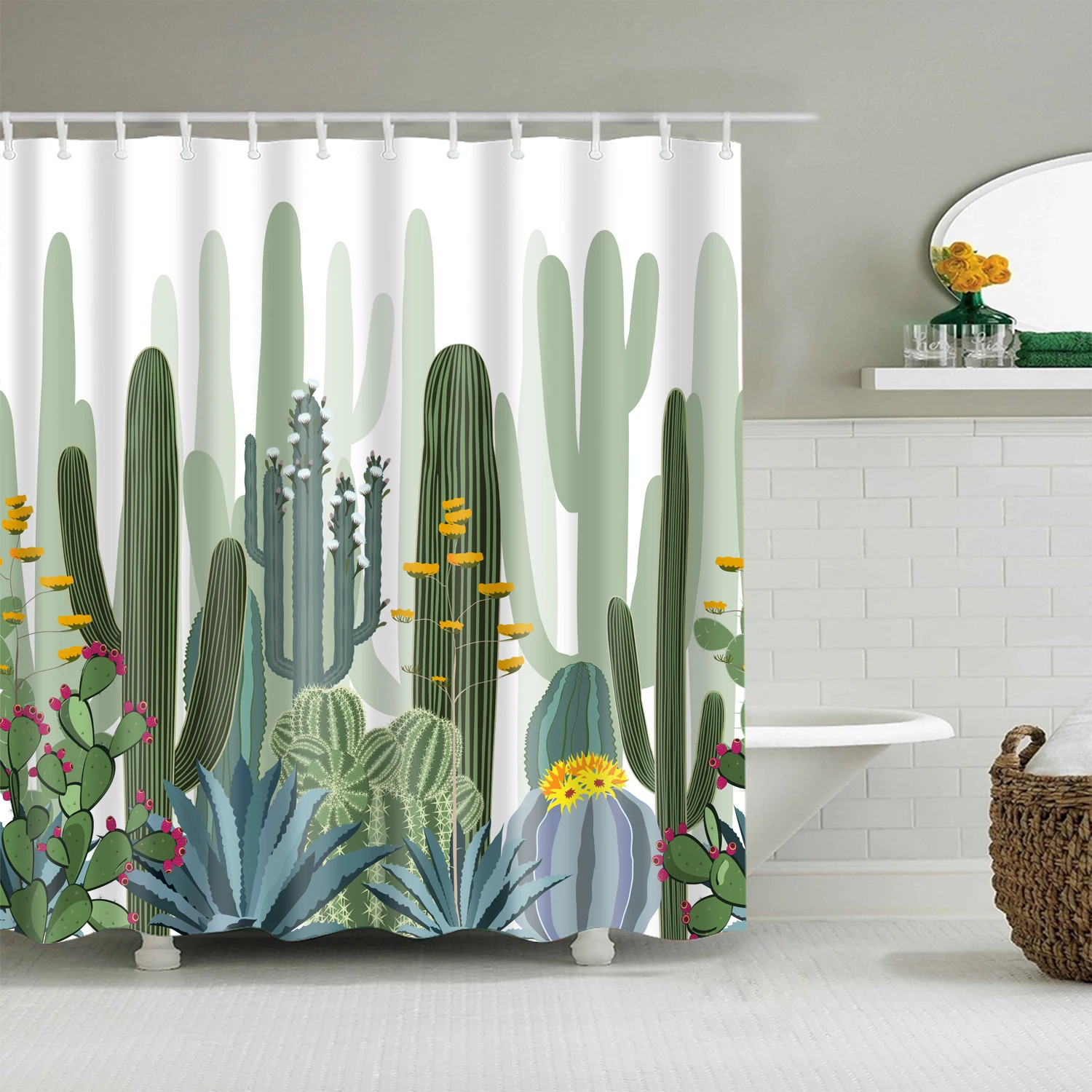 

Занавеска для душа с тропическими зелеными листьями, водонепроницаемая Шторка для ванной из полиэстера, с объемными цветами, растениями, пальмами, кактусами, декоративный экран для дома