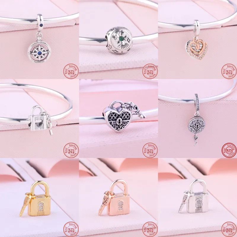 

925 Sterling Silver Padlock & Key Dangle Charms Pendent Fit Original Pandora S925 Bracelet Beads Diy For Women Fine Jewelry Gift
