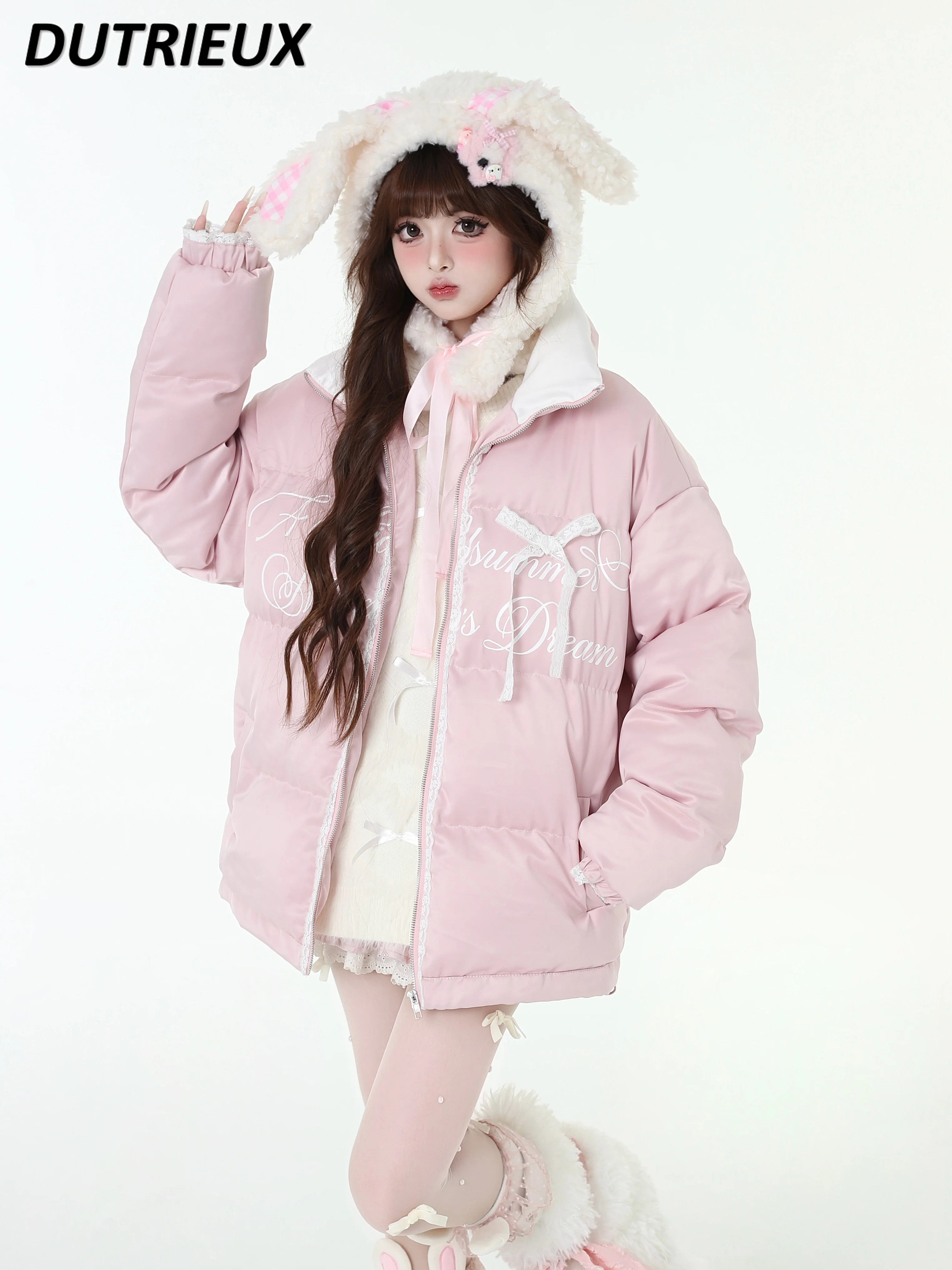 Простая свободная универсальная утолщенная теплая куртка с розовым бантом новая