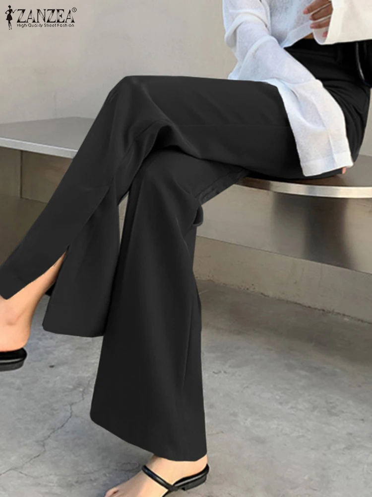 

2022 Fashion High Waist Trousers ZANZEA Solid Flare Pants Women Office Elegant Maxi Pantalones Casual Slit Long Palazzo Oversize