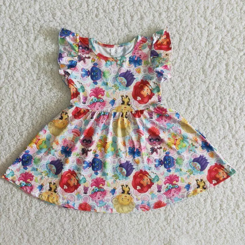 

RTS Wholesale Baby Girls Colorful Cartoon Characters Flutter Sleeve Knee Length Girls Dress Kids Clothes