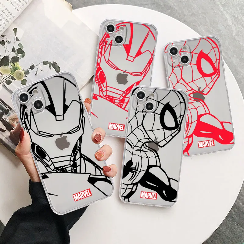

Phone Case For Apple iPhone 14 13 12 11 Pro max XS XR X 7 8 6 mini Plus SE2020 Clear Fundas Soft Cover Marvel Iron Man Spiderman