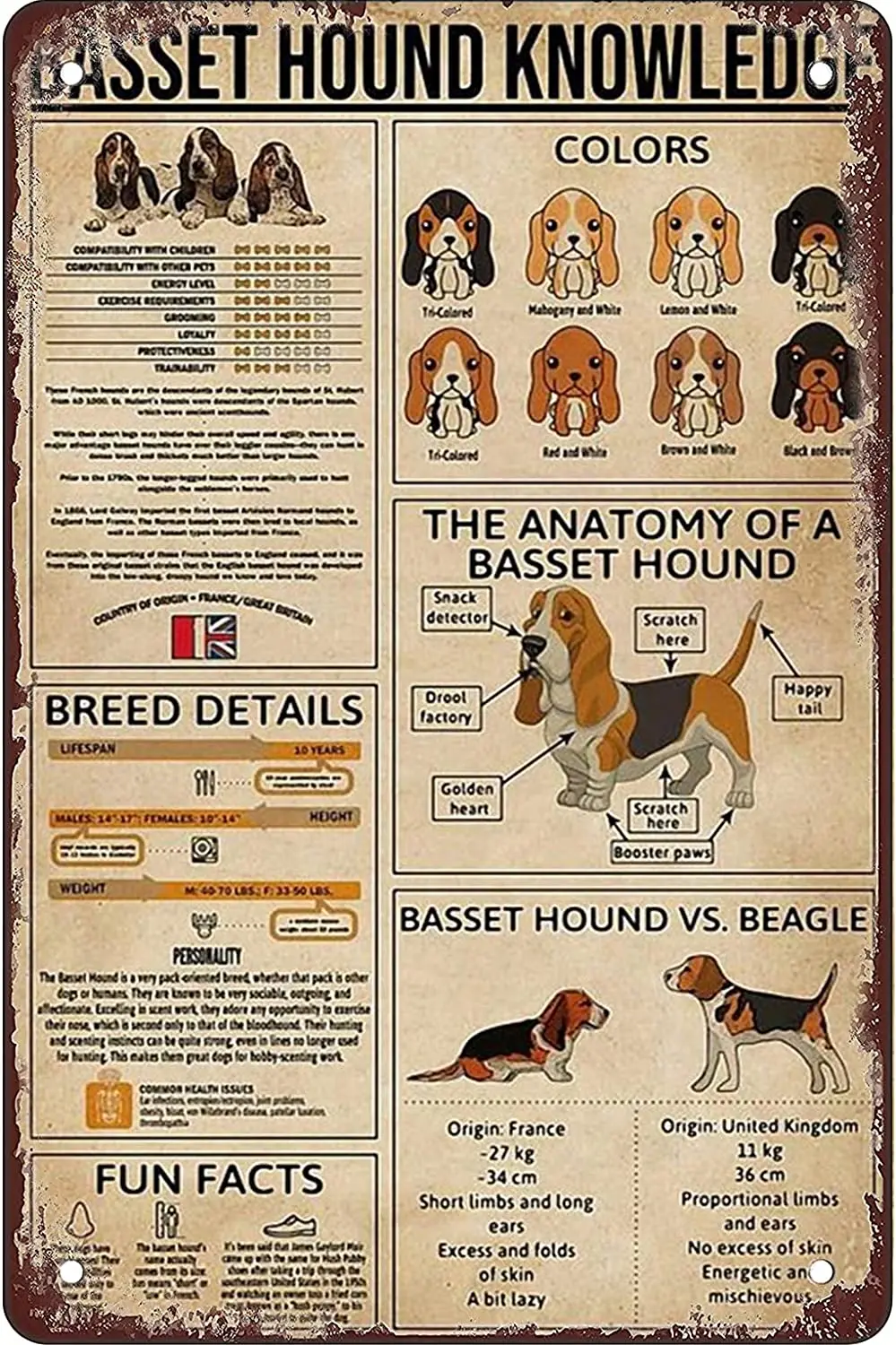 

tin Sign Basset Hound Knowledge Wall Decoration Metal Plaque People cave bar Cafe Living Room American Style 8X12 inches