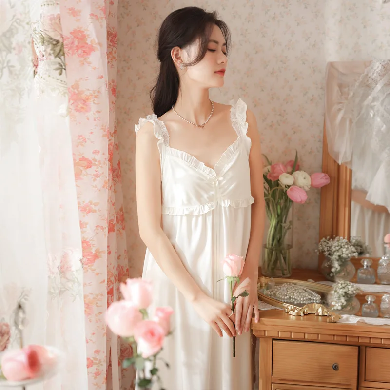 

Women Summer New Sleeveless Dress Silk Satin Lady Condole Belt Sexy Homedress Female Loose Casual Sleepdress Nightdress