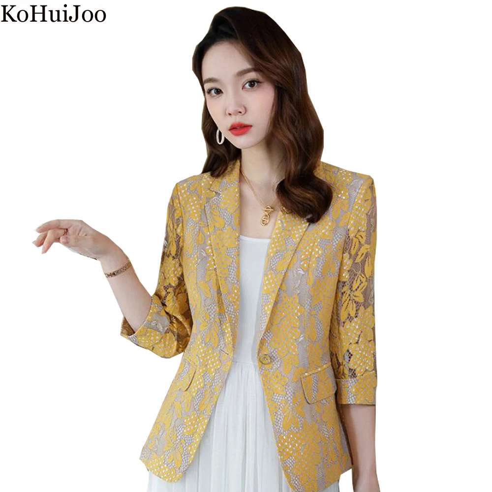 

KoHuiJoo 2022 Spring Summer Design Lace Blazer Women Three Quarter Sleeve Slim Fashion Ladies Blazers Short Coat Big Size Yellow