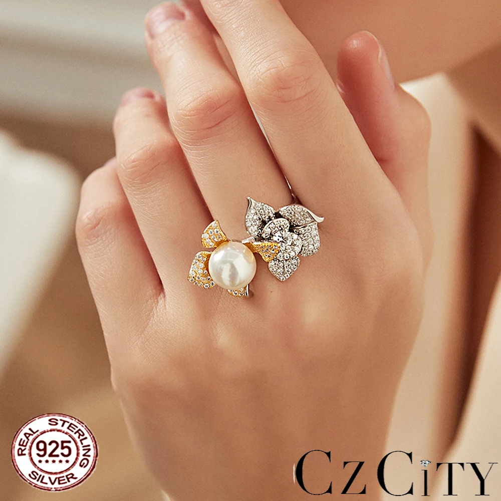 

CZCITY New 925 Sterling Silver Big CZ Flower Open Rings for Women Fine Jewelry Natural Freshwater Pearl Bague Fashion Party Gift