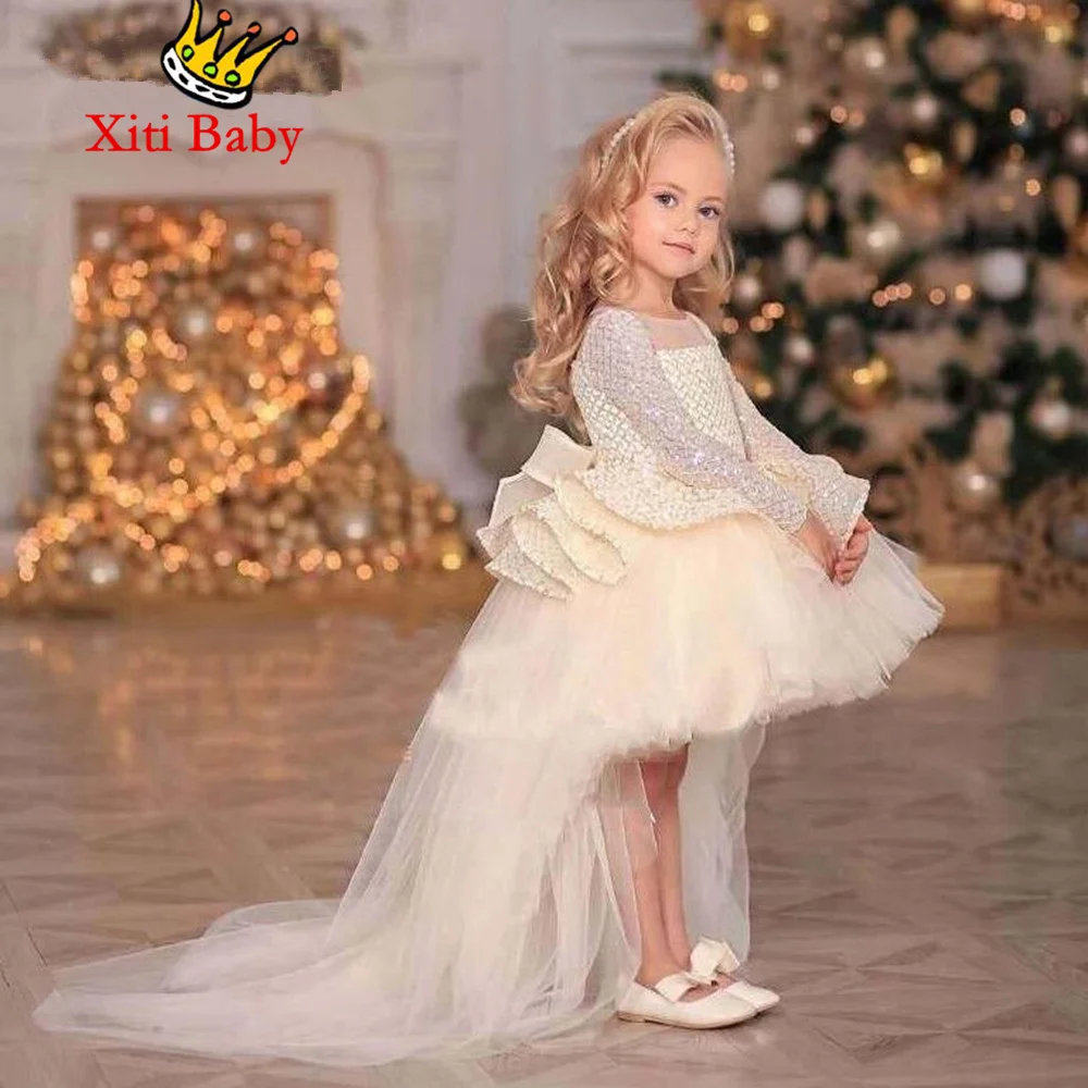 

Shiny Elegant Baby Girl Birthday Dress Fluffy Flower Girl Dress For Wedding Bow Kids Princess Ball Gown Lush Dresses For Girls