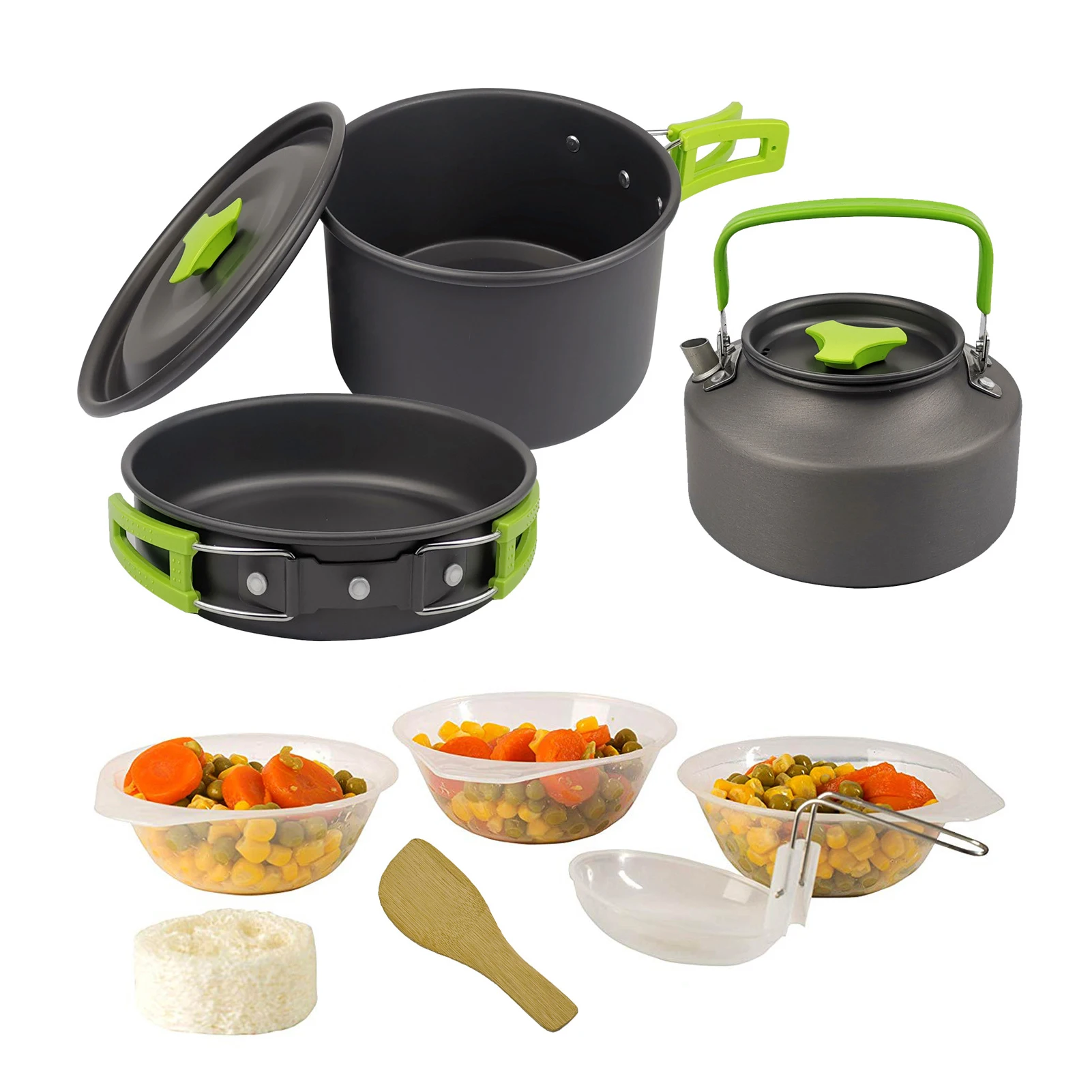 

С чайником, кастрюлей и антипригарным покрытием, легкая складная ручка, сумка для хранения, маленькая чаша, набор посуды для кемпинга, альпи...