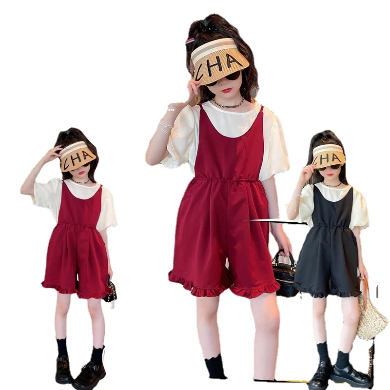 

Girls 2022 Summer Suits Children's Puff Sleeves Western Style Tops Big Kids Straps Lace Shorts Two-piece Set