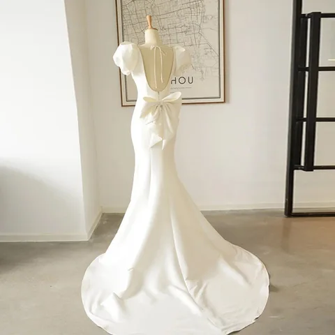 Wedding Dress Floor-Length Satin Wedding Dresses for Women Mermaid Bow Bridal Dress