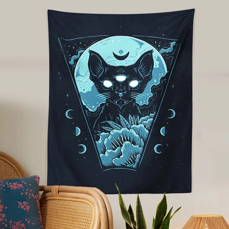 

Tarot Cat Tapestry Wall Hanging Cat Divination Moon phase black Tapestries Psychedelic Home Decor Cat Witchcraft Room Decor
