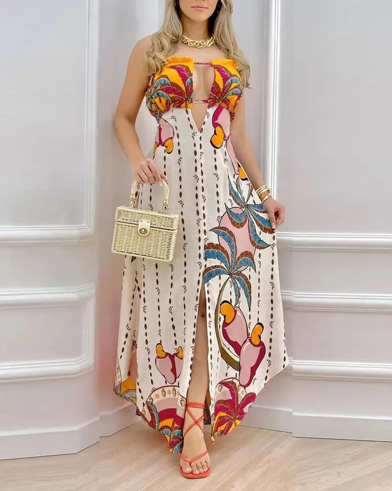 

Women Casual Deep V Neck Strapless Sleeveless All Over Print Edible Tree Fungus Off Shoulder Maxi vacation Dress