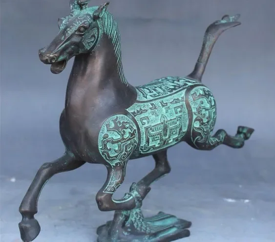 11-дюймовая старая китайская бронзовая статуя изображения зала бега Тан на