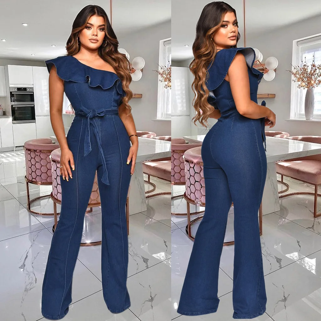 

New Ruffled Sloping Shoulder Washed Wide Leg Stretch Jeans Jumpsuit Womens Sexy High Waist Pencil Jeans Casual Blue Ripped Denim