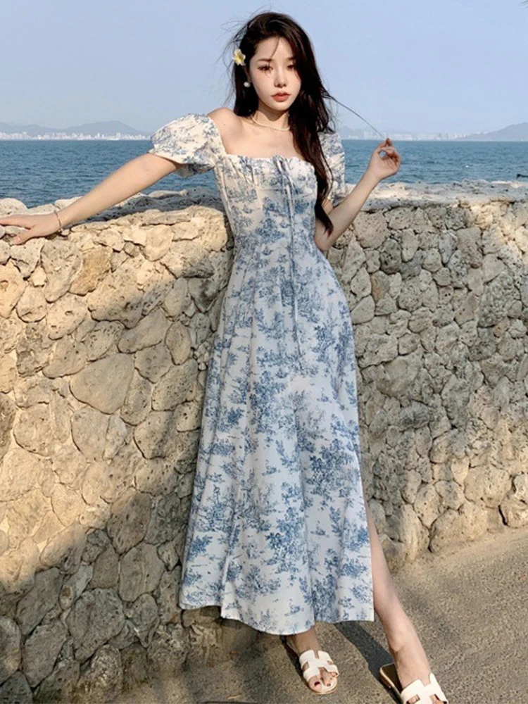 

Шикарное вечернее платье, женское милое Цветочное платье средней длины с разрезом и рукавом фонарик, женское пляжное платье для отпуска, сексуальное женское платье