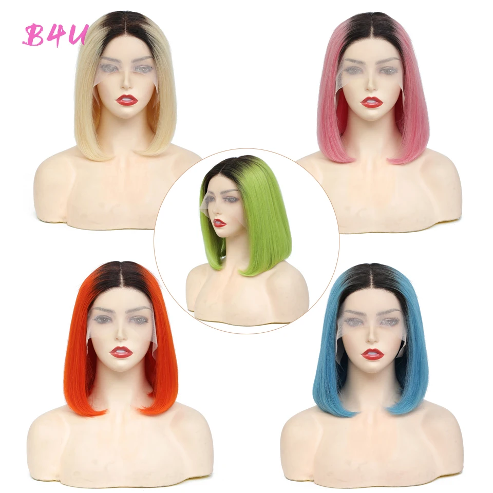 Colored Human Hair Wig Short Bob Lace Front Wigs 1B/613 Blonde Orange Pink Green Ombre Straight Bob Lace Wigs For Black Women