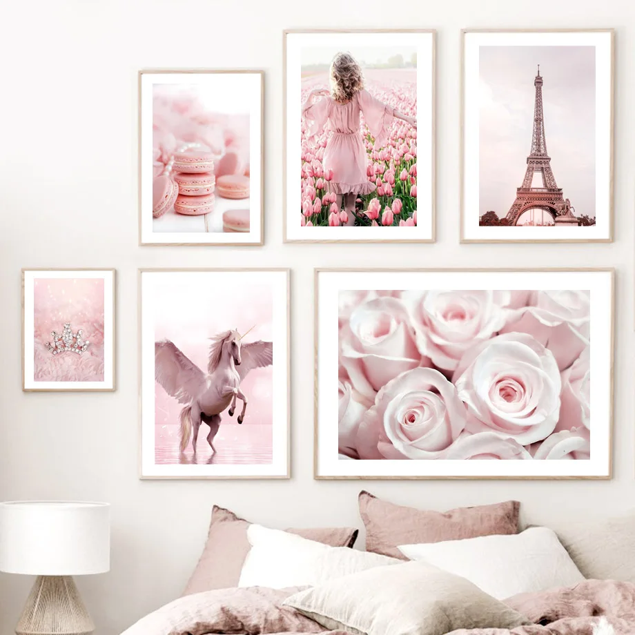 Картина на холсте с розовой розой, ананасом, единорогом, скандинавскими рисунками и принтами для декора гостиной
