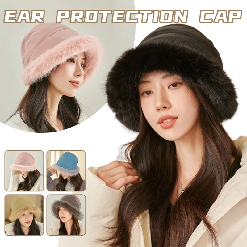 

New Winter Plus Fur Lamb Hair Female Bucket Hat Casual Wide Brim Warm Plush Pot Hat Fashion Plush Fleece Fisherman Caps Ear Cap