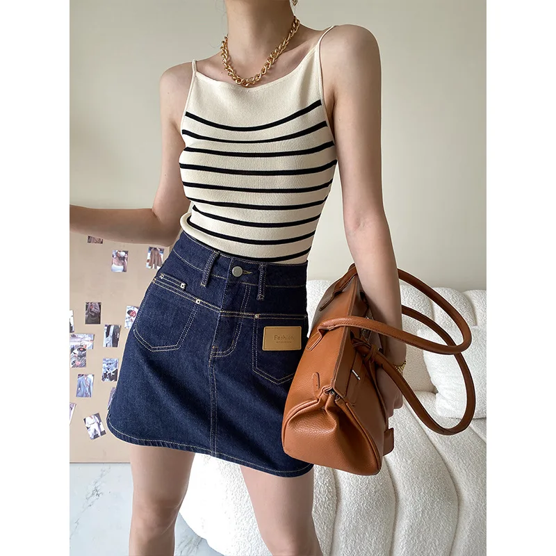 

French-style contrasting color slim fit striped knitted camisole inside and outside wear summer new style