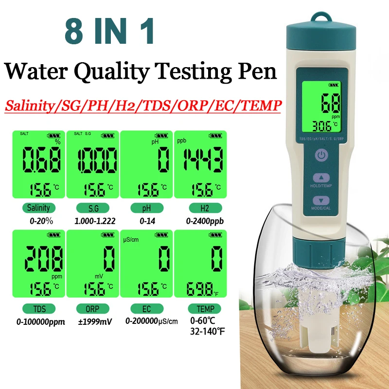 

For 8 Quality Water In Salinity/ph/tds/ec/orp/sg/h2/temp Aquarium Monitor Digital 1 Tester Swimming Pools Pen Water Drinking