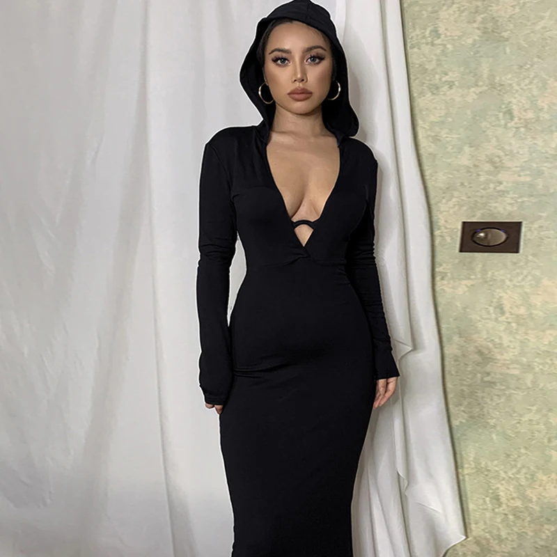 

Осеннее облегающее коричневое платье макси, Женские однотонные платья с принтом букв для женщин, платье с капюшоном и V-образным вырезом и д...