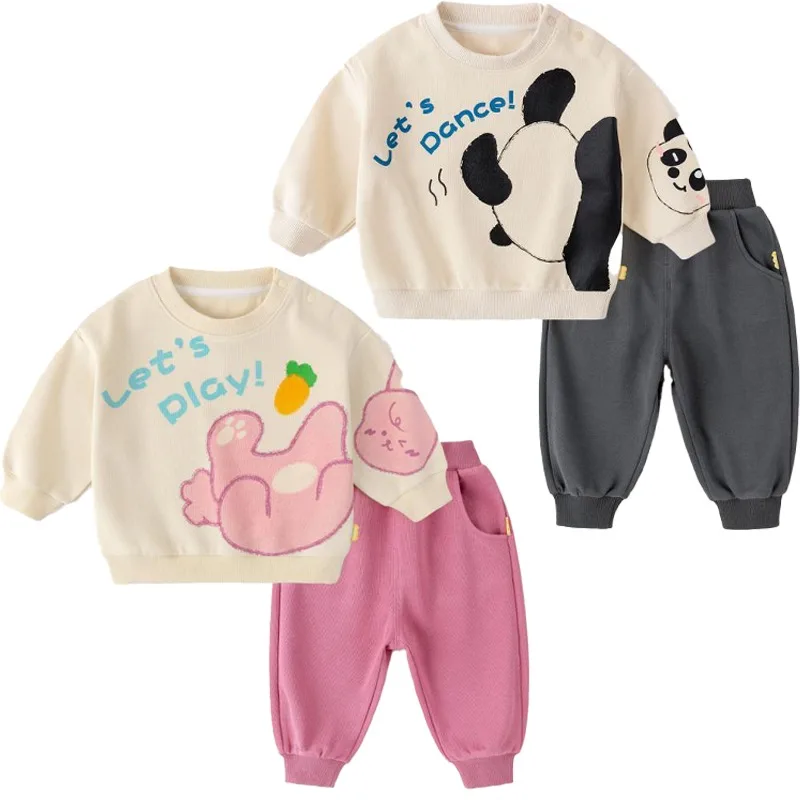 

Baby Clothes Children Bear Panda Suit Boy Girl Alphabet Long-sleeved Trousers Casual 2pcs Set Simple Fashionable Sportswear Suit